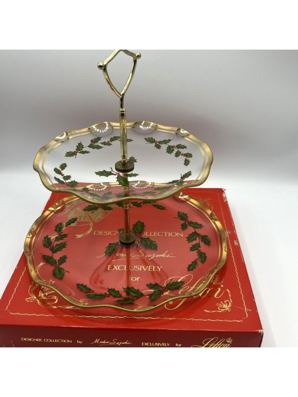 Lefton Michio Suzuki 2 Tier Tray Clear Glass Holly Christmas Serving